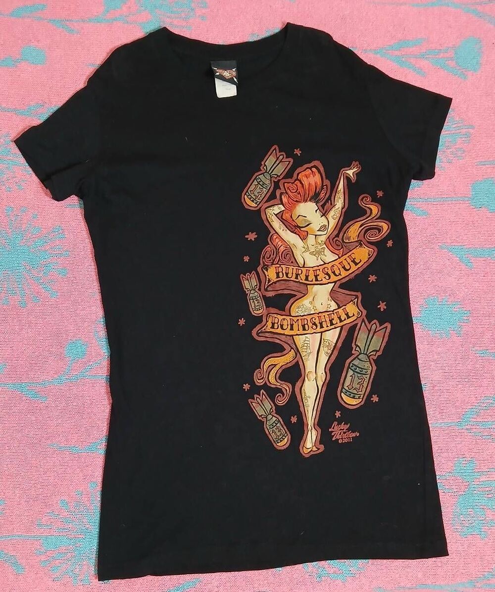 Y2k lucky 13 womens small graphic tshirt burlesque tattoo print black
